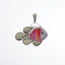 Load image into Gallery viewer, fish pendant with sparkly pink and grey glass body, swirly silver fins
