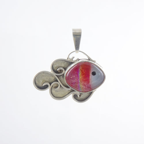 fish pendant with sparkly pink and grey glass body, swirly silver fins